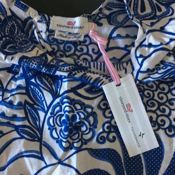 NWT Tuckernuck x Vineyard Vines collab blue & white block print ruffle tank L - Picture 9 of 12